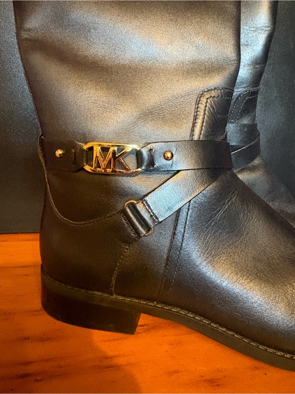 Michael Kors Black Leather Mid-Calf Boots with Gold MK Logo